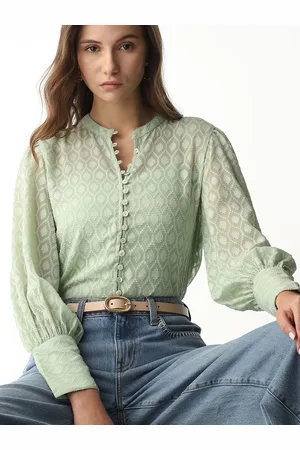 VERO MODA Ethnic Motifs Self Design Mandarin Collar Semi Sheer Casual Shirt