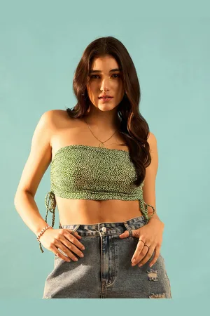 Berrylush Green Floral Printed Strapless Cotton Ruched Tube Crop Top