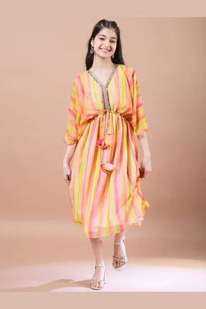 pspeaches Girls Striped Georgette V-Neck Kimono Sleeves A-Line Midi Dress