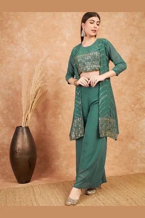 Sangria Women Georgette Embellished Top & Palazzos with Shrug