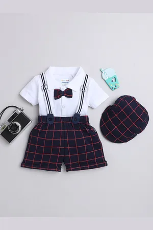 BUMZEE Boys Checked Pure Cotton Shirt & Shorts With Bow Suspender & Cap