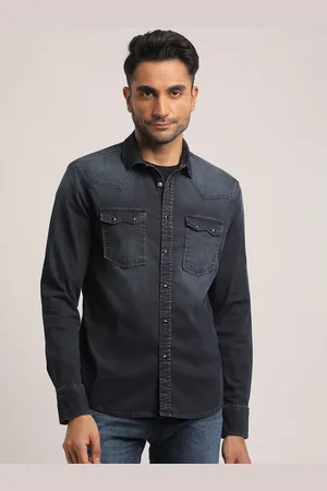 EVERBLUE Spread Collar Denim Slim Fit Casual Shirt