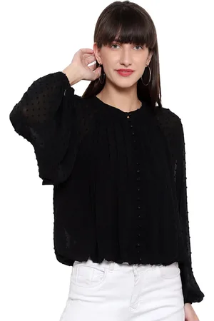 Amagyaa Self Design Puff Sleeves Dobby Shirt Style Top