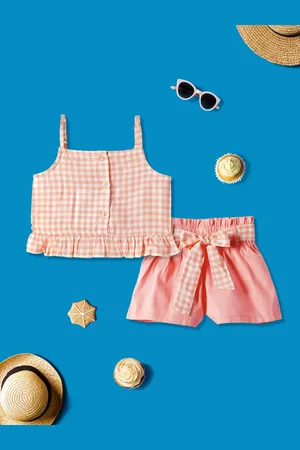 Nauti Nati Girls Checked Pure Cotton Top with Shorts