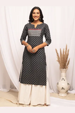 FIORRA Ethnic Motifs Printed Round Neck Gotta Patti Cotton Straight Kurta