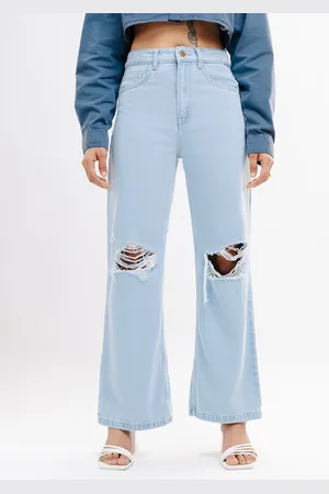 FREAKINS Women Blue Wide Leg High-Rise Slash Knee Jeans
