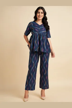 Azira Printed Pure Cotton Peplum Top With Trousers Co-Ords