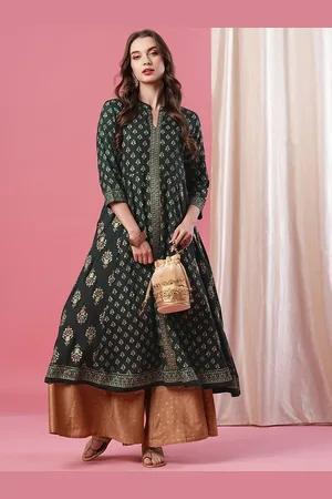 Globus Ethnic Motifs Printed Panelled Mandarin Collar A-Line Kurta