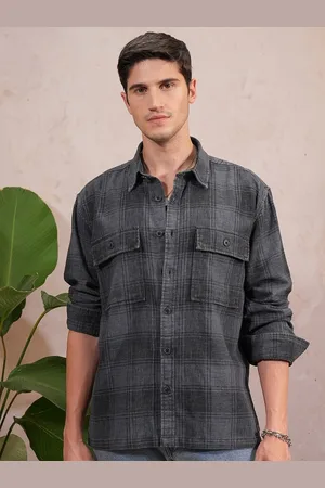 LocoMotive Premium Men Indigo Dobby Textured Checked Utility Pocket Overshirt