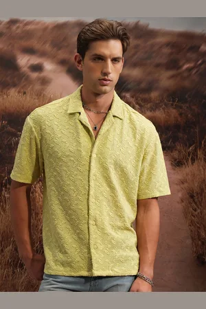 LocoMotive Premium Men Lime Green Knitted Cuban Collar Oversized Shirt