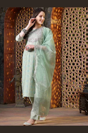 HERE&NOW Women Ethnic Motifs Embroidered Regular Kurta with Trousers & With Dupatta
