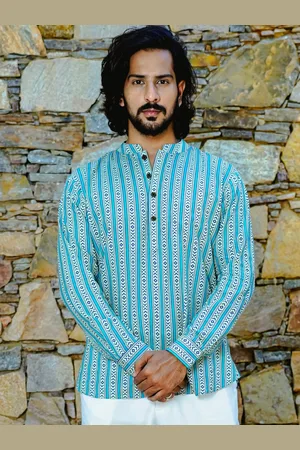 BE DESI Geometric Printed Mandarin Collar Cotton Straight Kurta