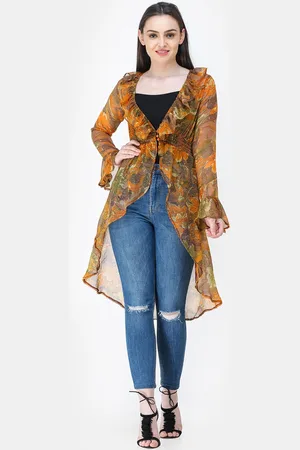 Cation Women Orange & Olive Green Printed Tie-Up Shrug