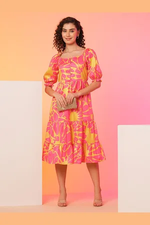Globus Pink Floral Puff Sleeve Fit and Flare Midi Dress