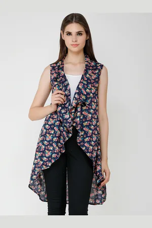 Cation Women Navy Blue Printed Open Front Shrug