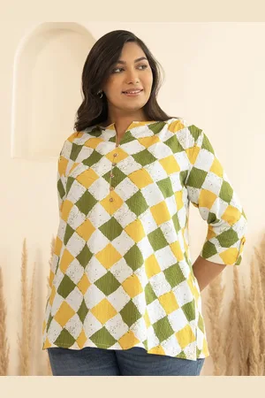 Janasya Plus Size Cotton Geometric Regular Top