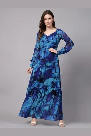 Aayu Abstract Printed Sweetheart Neck Cuffed Sleeves Gathered Tiered Georgette Maxi Dress