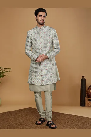 KISAH Men Ethnic Motifs Self Design Kurta & Churidar With Indowestern Sherwani Set