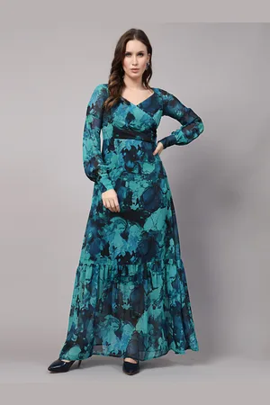 Aayu Abstract Printed Sweetheart Neck Cuffed Sleeves Gathered Tiered Georgette Maxi Dress