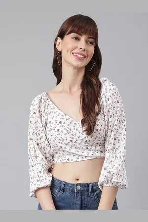 Chemistry Floral Printed V-Neck Puff Sleeves Smocked Detailed Crop Top
