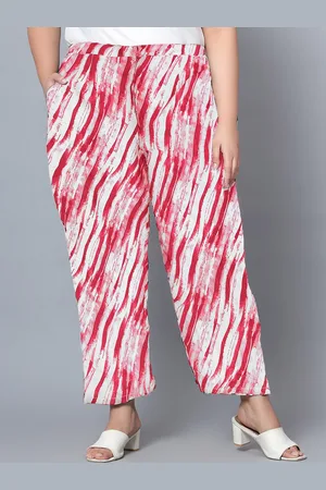 indietoga Women Plus Size Red & White Abstract Print Parallel Trousers with Pockets