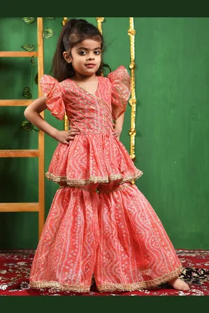 Rangpur Girls Leheriya Printed V-Neck Gotta Patti Pure Cotton A-Line Kurti with Sharara