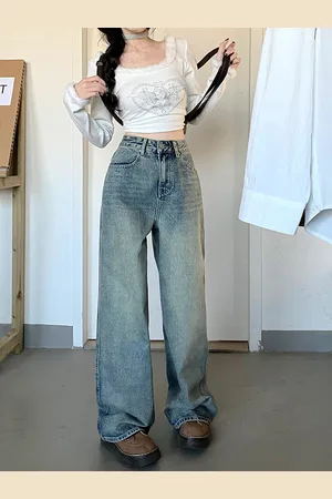 LULU & SKY Women Wide Leg Low-Rise Clean Look Heavy Fade Jeans
