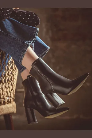 SAINT G. Women Studded Heeled Leather Chunky Boots