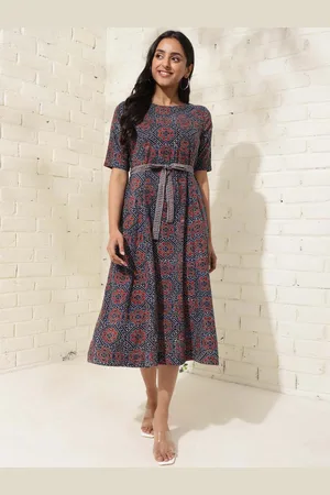 Fabindia Floral Printed Round Neck Cotton A-Line Dress