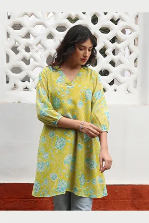 Janasya Floral Printed Puff Sleeves Georgette Tunic