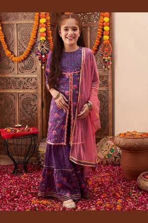 Cherry & Jerry Girls Floral Printed Pure Cotton Straight Kurta & Sharara With Dupatta