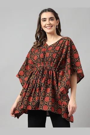 Kalini Floral Print Kimono Sleeve Cotton Kaftan Longline Top