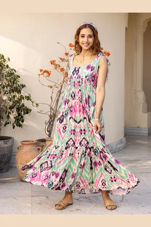 Ambraee Floral Printed Flounce Round Neck Maxi Dress