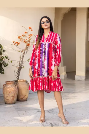 Ambraee Abstract Printed Flounce Puff Sleeve Holi A-Line Dress