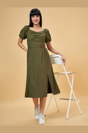Pantaloons Sweetheart Neck Puff Sleeve Belted Cotton A-Line Midi Dress