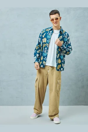 Bewakoof Blue Oversized Floral Printed Spread Collar Long Sleeves Cotton Casual Shirt