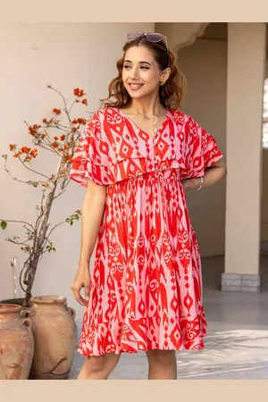 Ambraee Abstract Printed Flared Sleeve V-Neck Fit & Flare Dress