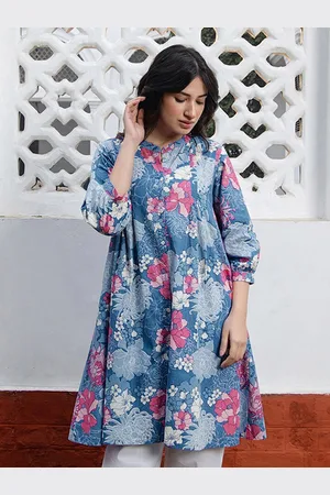 Janasya Floral Printed Mandarin Collar Pure Cotton Pleated A-Line Tunic