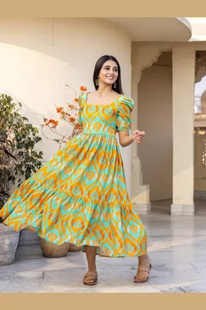 Ambraee Floral Printed Cotton Square Neck Puff Sleeve Maxi Dress
