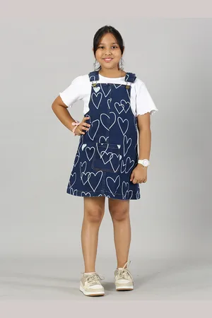 KiddoPanti Girls Conversational Printed Denim Dungaree