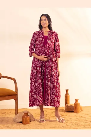 Janasya Floral Printed Mandarin Collar Maternity Cotton A-Line Midi Dress