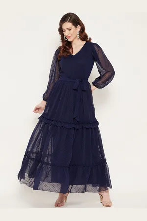 Bitterlime Puff Sleeve V-Neck Flared Georgette Maxi Dress