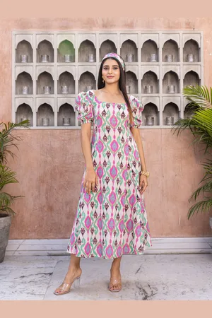 Ambraee Abstract Printed Cotton Flared A-Line Midi Dress