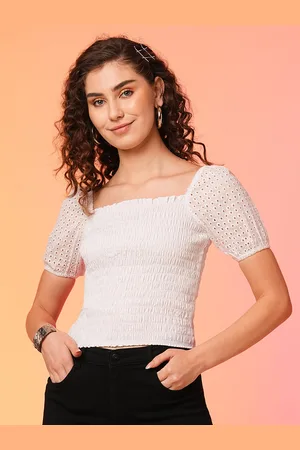 Globus Women Smocked Cotton Schiffli Crop Top