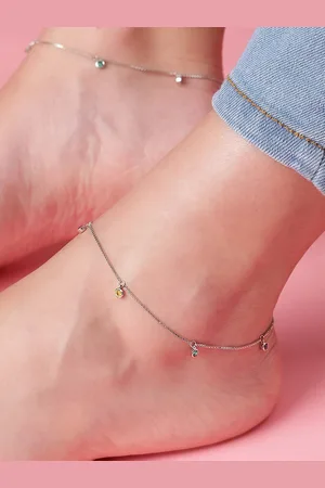 Zavya Women Set of 2 Rhodium-Plated Sterling Silver Stone Studded Anklets