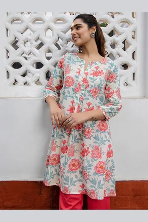 Janasya Floral Printed keyhole Neck Pure Cotton A-Line Tunic