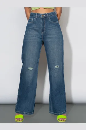 FREAKINS Women Blue Cotton Wide Leg High-Rise Slash Knee Light Fade Jeans