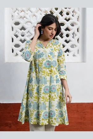 Janasya Floral Printed Mandarin Collar Pure Cotton Pleated A-Line Tunic