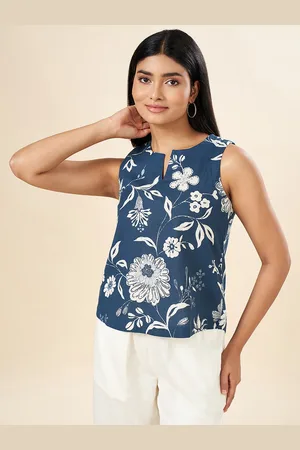Pantaloons Floral Printed Notch Neck Sleeveless Cotton Top