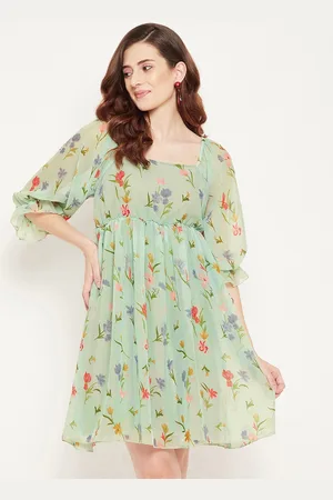 Bitterlime Floral Printed Puff Sleeve Square Neck Georgette Empire Dress